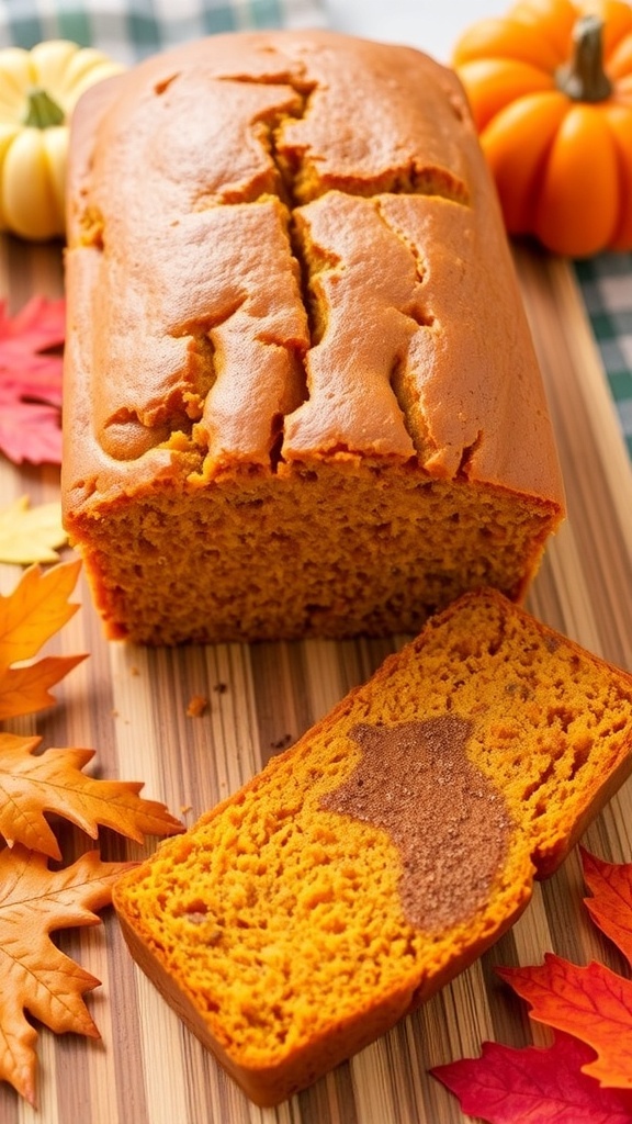 A loaf of moist pumpkin bread with a slice cut, surrounded by autumn decorations.